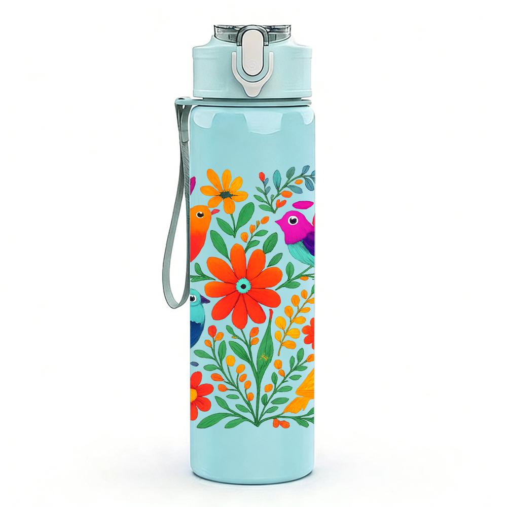 1PC Colorful Tropical Bird Group 750ml Color Plastic Sports Water Bottle Leakproof Flip Straw Lid For Sports Office Home Use