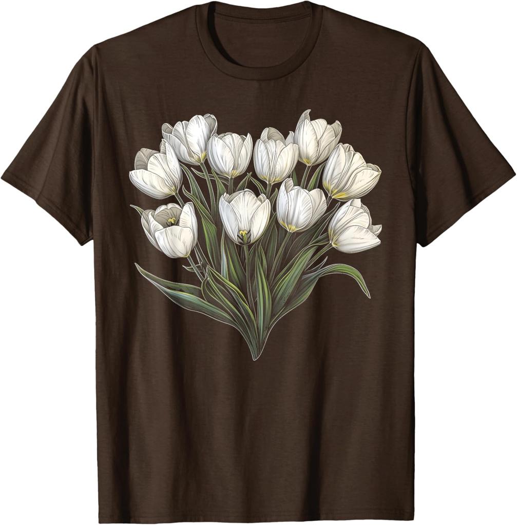 White Tulip Bouquet Floral Graphic Tee Men Casual Round Neck Short Sleeve T-Shirt Daily Wear