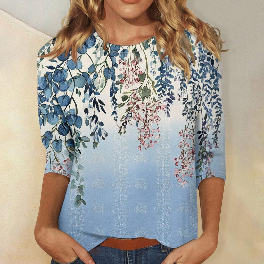 Женская модная повседневная свободная футболка с круглым вырезом и рукавами 3/4 с принтом, женский топ