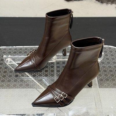 Высококлассные ботильоны на шпильке в корейском стиле для женщин - Новая коллекция осень/зима 2025 с острым носком, эластичной посадкой и деталью с пряжкой