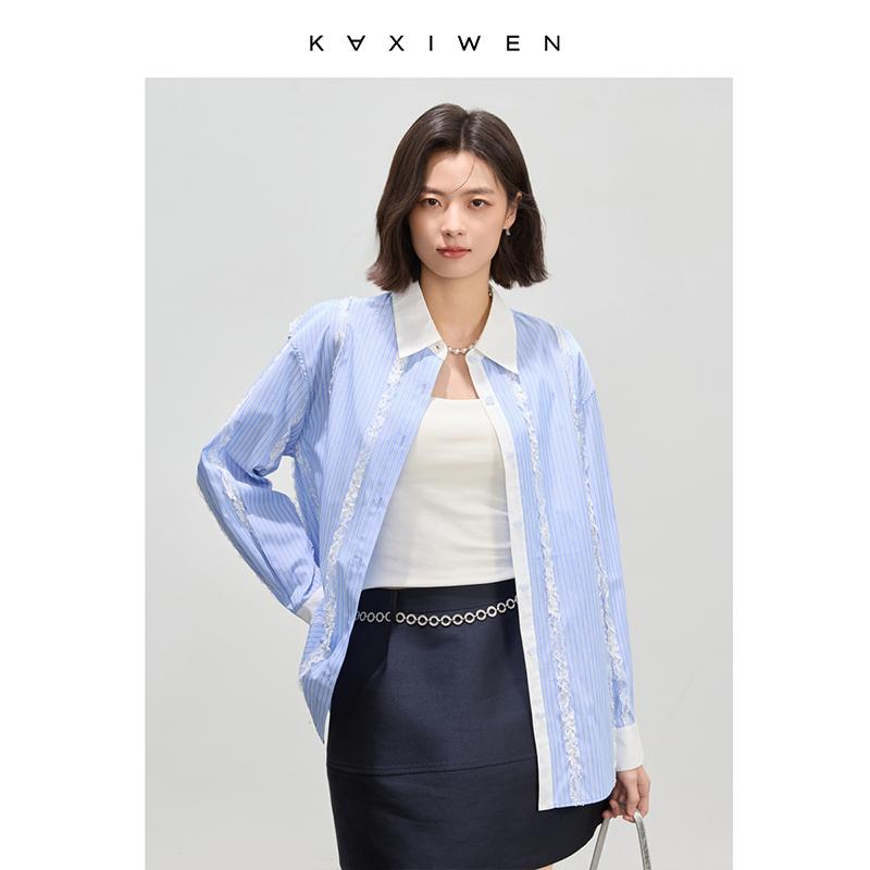 French style unique lace patchwork striped shirt