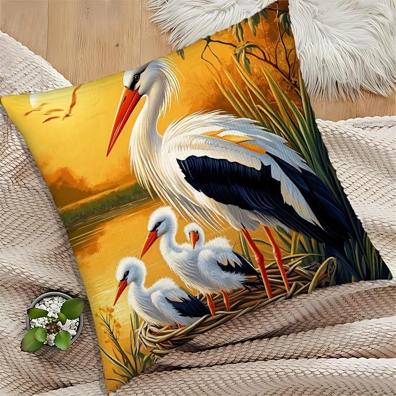 Stork Family Wildlife Print Throw Pillow Cover, Sunset Wetland Bird Art Decorative Cushion For Living Room Bedroom Sofa Couch