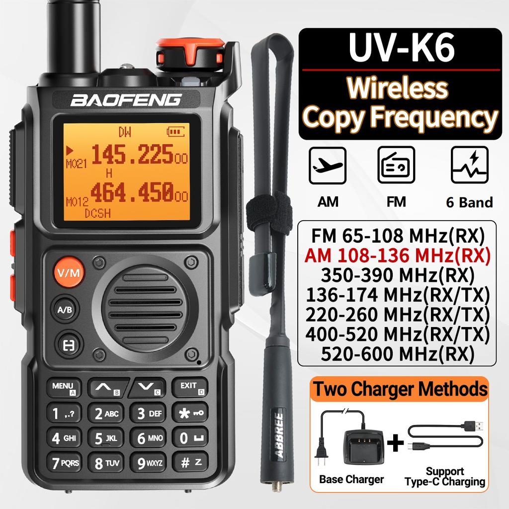 Baofeng UV-K6 Air Band Walkie Talkie Wireless Copy Frequency Multi Band Type-C Portable UHF VHF Long Rang UV5R Two Way Ham Radio