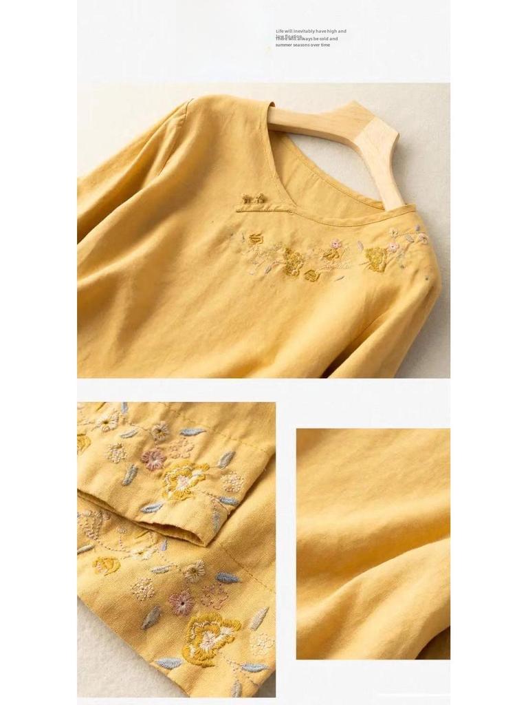 Осень 2024 г. Женская вышитая футболка из хлопка и льна: Свободный крой, прикрывающий живот, узкий круглый вырез, рукава три четверти.