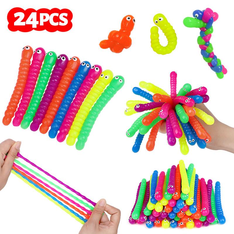 12/24Pcs Colorful Soft Caterpillars Kids Birthday Party Favors Pinata Filler Stretch String Fidget Toys Halloween Christmas Gift
