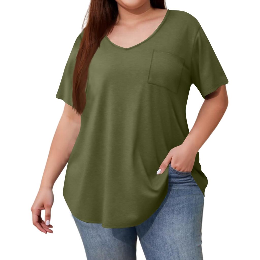 Women's Solid Color Large Size V-neck Top Loose Pocket T-shirt