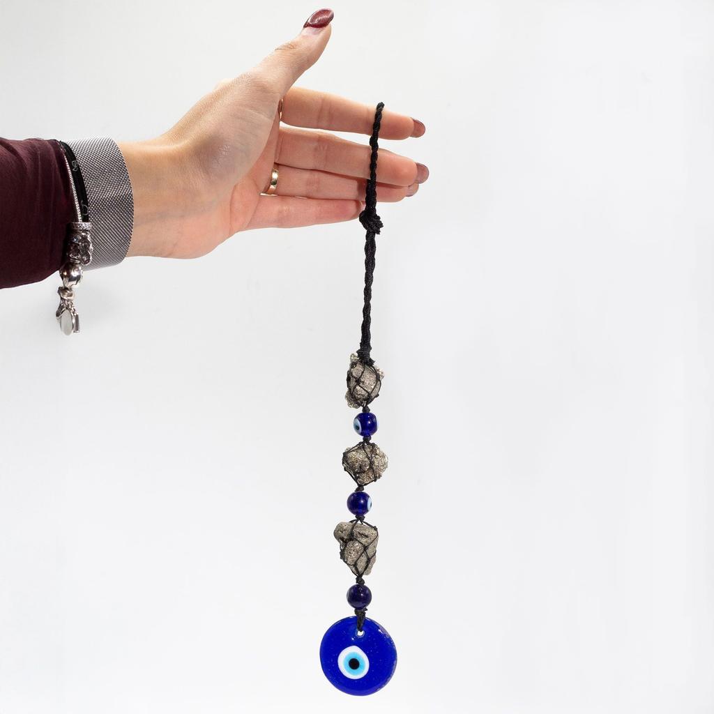 Hanging Stone Pendant – Pyrite Stones & Beads- Evil Eye