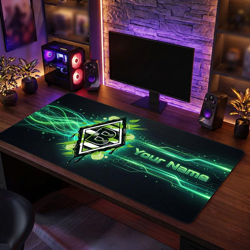 Borussia Mönchengladbach Custom Large Mouse Pad, Personalized Name Text Print, Football Logo Non‑Slip Desk Mat Gaming Gift