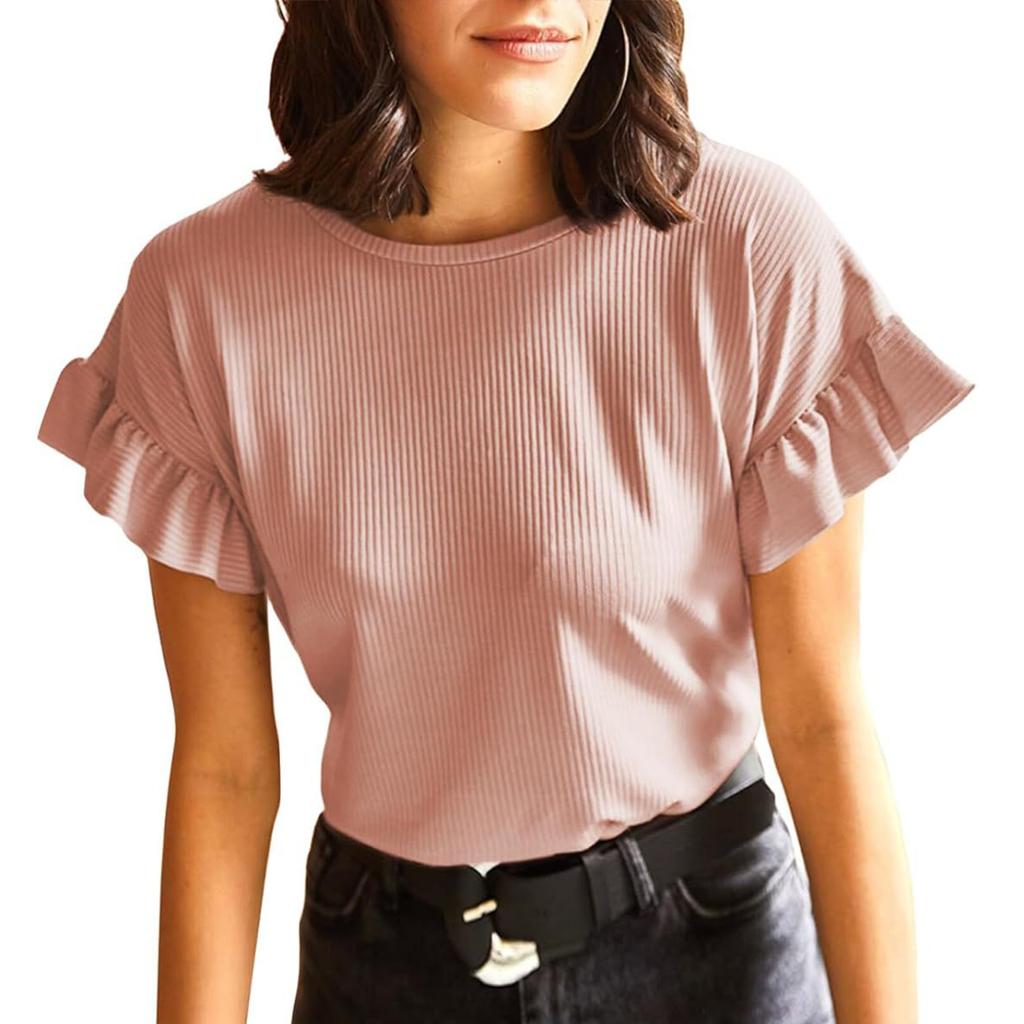 Женская футболка с коротким рукавом, повседневные базовые футболки, летние однотонные вязаные футболки свободного покроя с рюшами и круглым вырезом, блузки