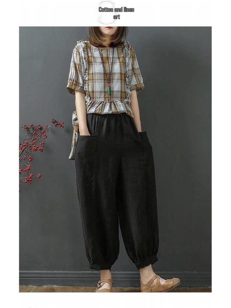 Women's Summer 100% Cotton Linen Lantern Pants - Casual, Loose, Nine-Point, Tie-Cuff Harem Style