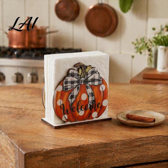 Waterproof Wooden Napkin Holder Thanksgiving Solid Wood Holder Fall Harvest Gnome Scarecrow Turkey Tissue Paper Towel Dispenser Hand-Painted