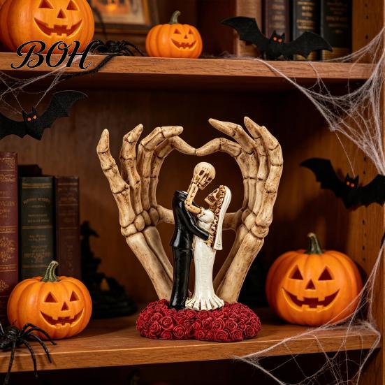 Gothic Themed Resin Collectible Skeleton Couple And Hand Ornament, with Rose Base, Durable Dark Romantic Halloween Decoration Skull Wedding Decor, for