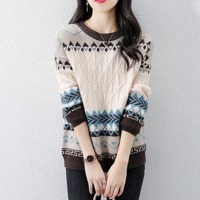 Осенне-зимний свитер женский корейский вариант ромбовидная сетка контрастный жаккардовый цвет круглый вырез длинный рукав повседневный трикотажный самарий женский интерьер