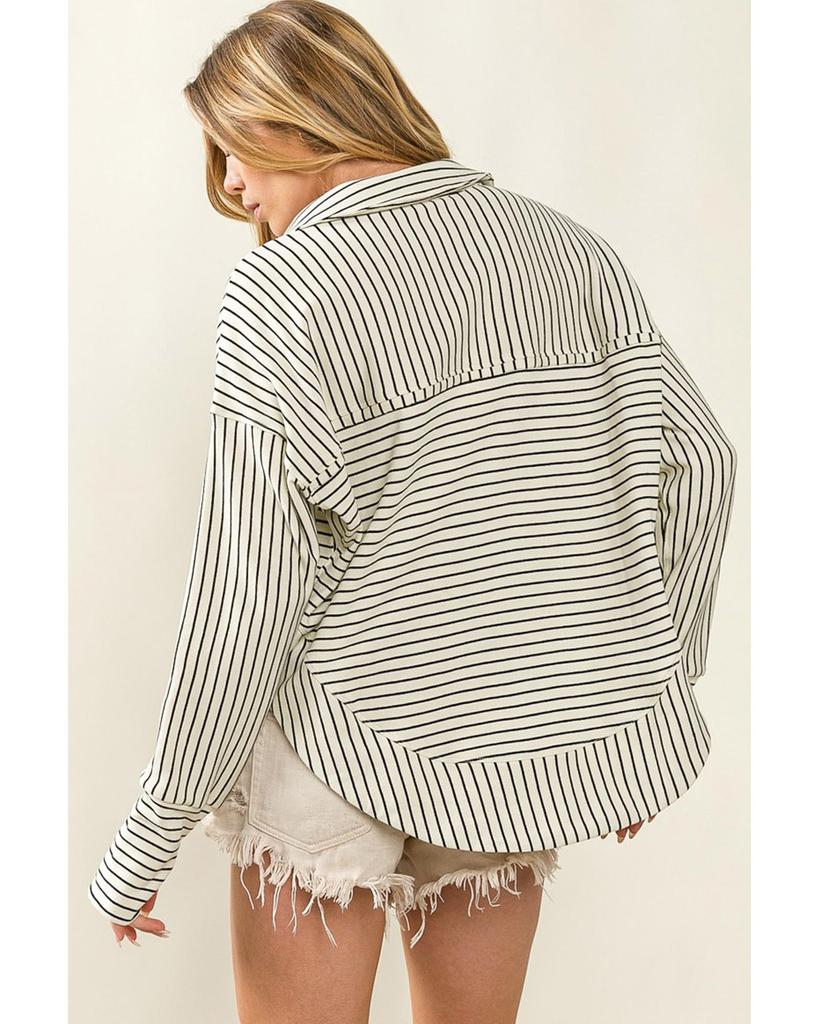 Azura Exchange Striped Thumbhole Drop Shoulder V Neck Top