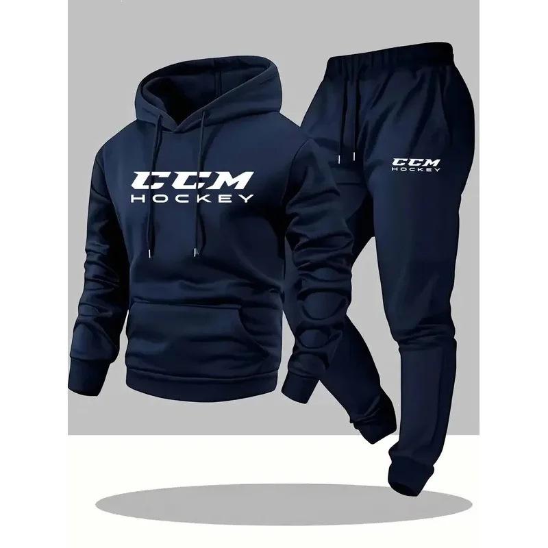 Оптовый мужской повседневный спортивный комплект из двух предметов CCM с принтом: толстовка с длинным рукавом и капюшоном и комплект спортивных брюк