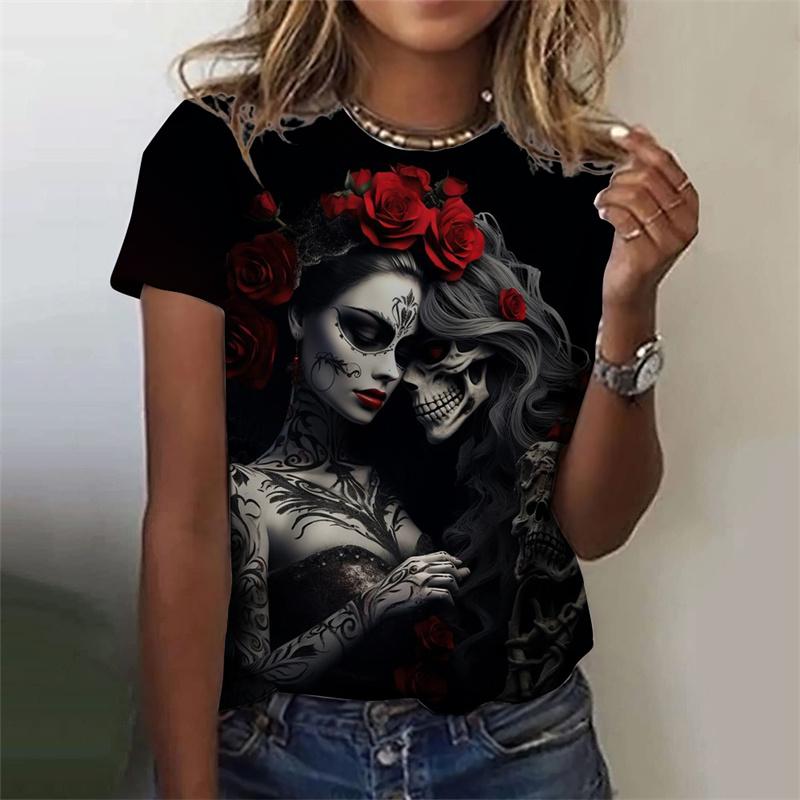 Футболка с рисунком черепа ужасов нежити для женщин, футболки с 3D-принтом для таинственной девушки, летние свободные топы с круглым вырезом, футболки с коротким рукавом