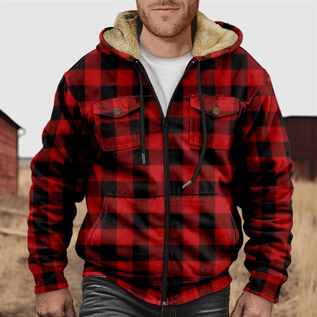 Men's Plaid Print Double Pocket Jacket Men's Spring And Autumn Casual Trend Zipper Hooded Jacket
