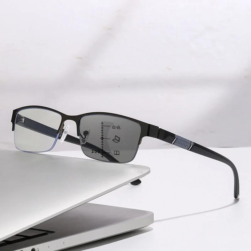 Металлические очки для дальнозоркости с солнцезащитными козырьками, умные фотохромные мультифокальные очки для чтения для мужчин, бизнес-очки для пресбиопии