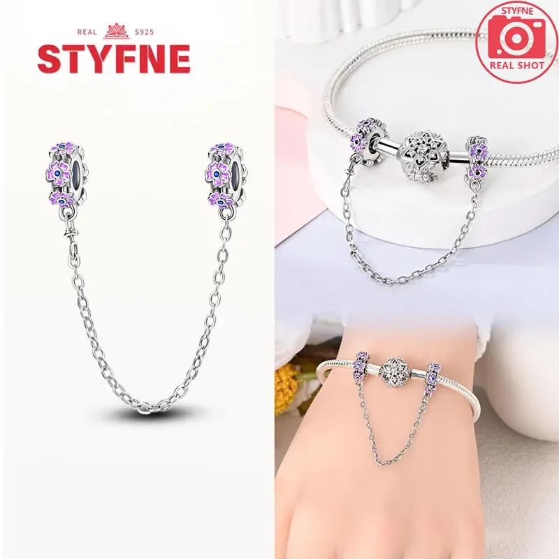 Real Silver 925 Star and Moon Flower Heart Safety Chain Wearable Jewelry Gift Bracelet DIY Beads for Women