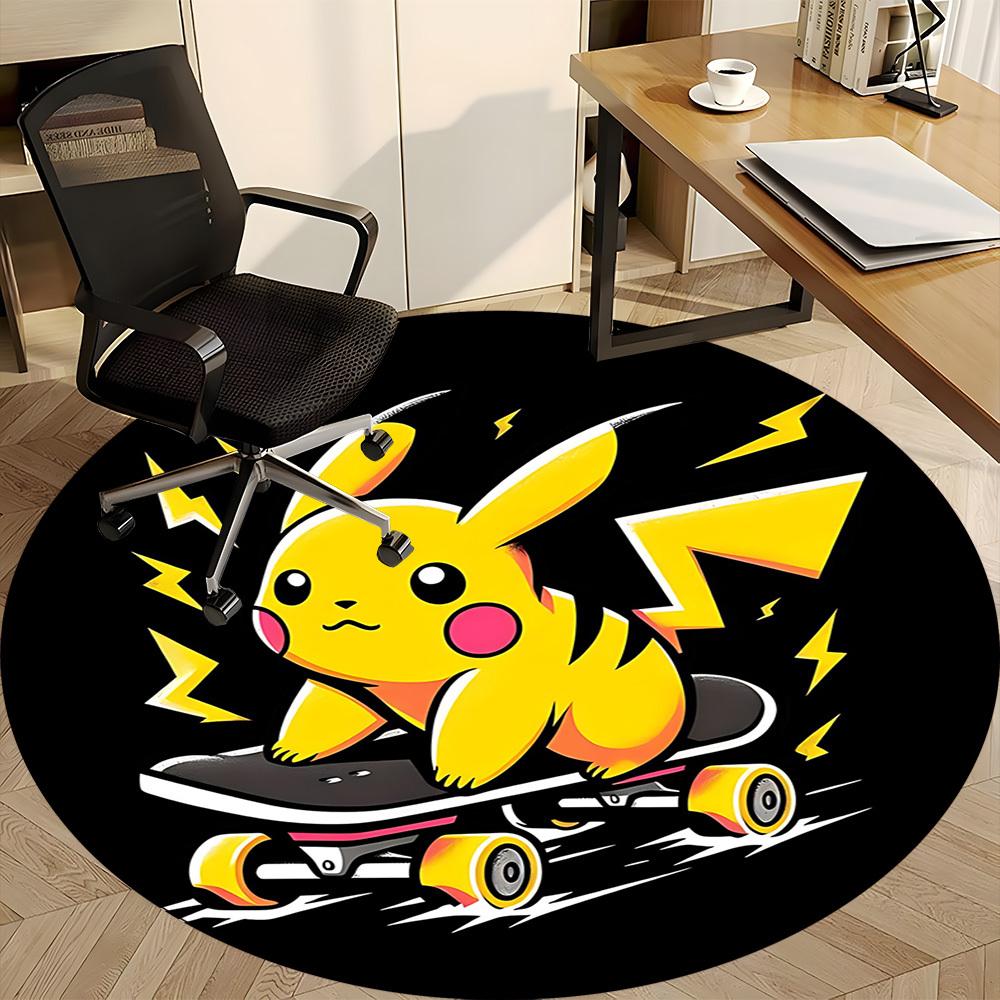 1pc Pikachu Skateboarding Office Round Area Rug, Indoor Mat Suitable For Office, Under Office Chairs Bedroom Living Room Home Decor, Room Deco