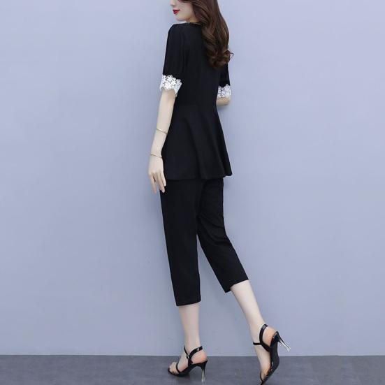 Женский летний повседневный комплект из двух предметов с V-образным вырезом, короткими рукавами, кружевной отделкой, брюками-семь четвертей, женский рабочий наряд