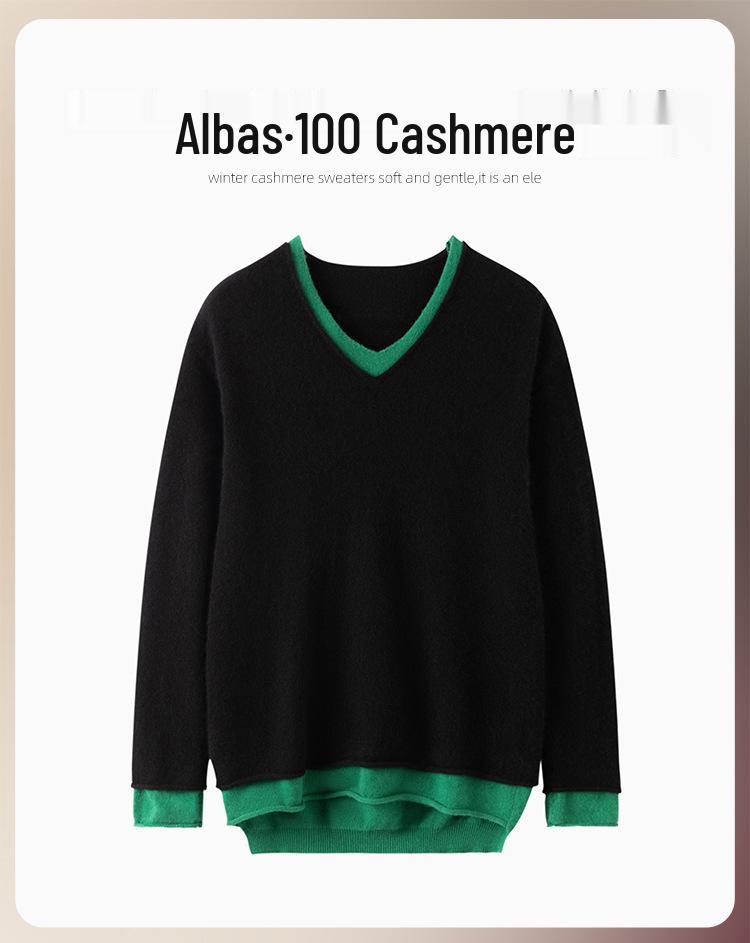 Women's V-Neck Color Block Cashmere Pullover Sweater - Casual, Relaxed, Long Sleeve, Two-Piece Look
