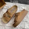 Leather Thick-soled Heightened Half-slippers for Women's Outer Wear Summer New Cork-bottomed Boken One-word Cool Slippers