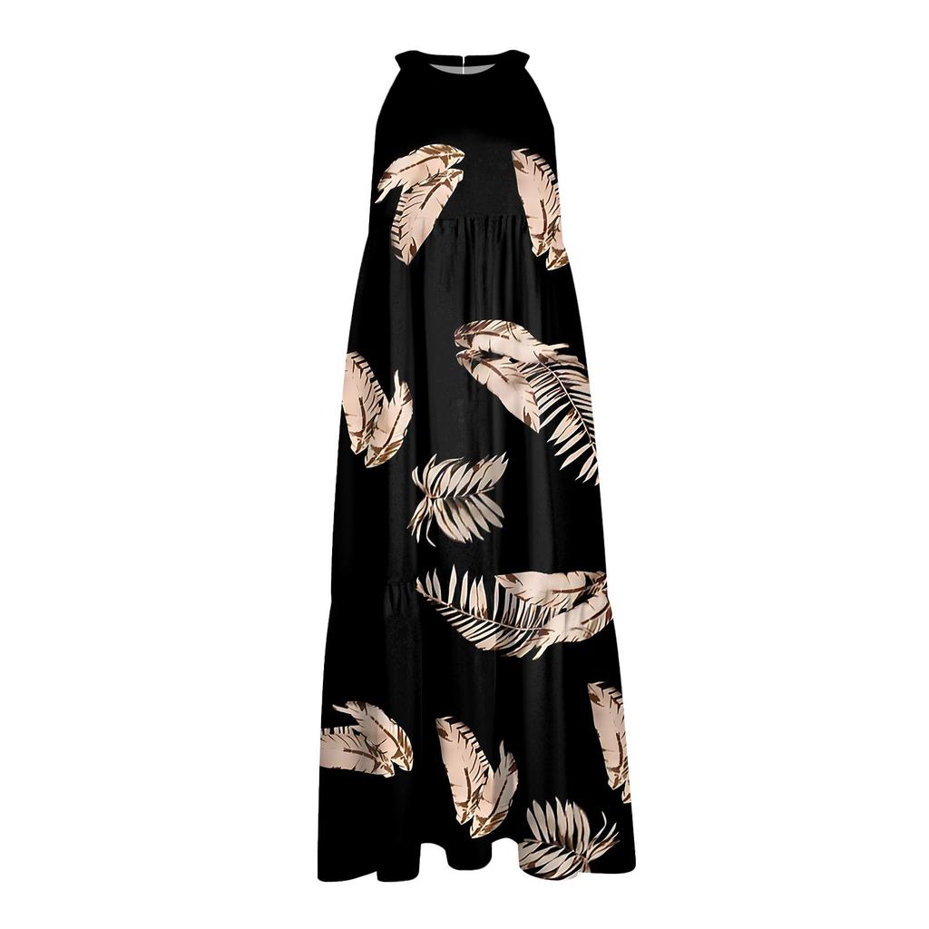 Women's Summer Sleeveless Solid Color Printed Loose Splicing Casual Hanging Neck Beach Dresses