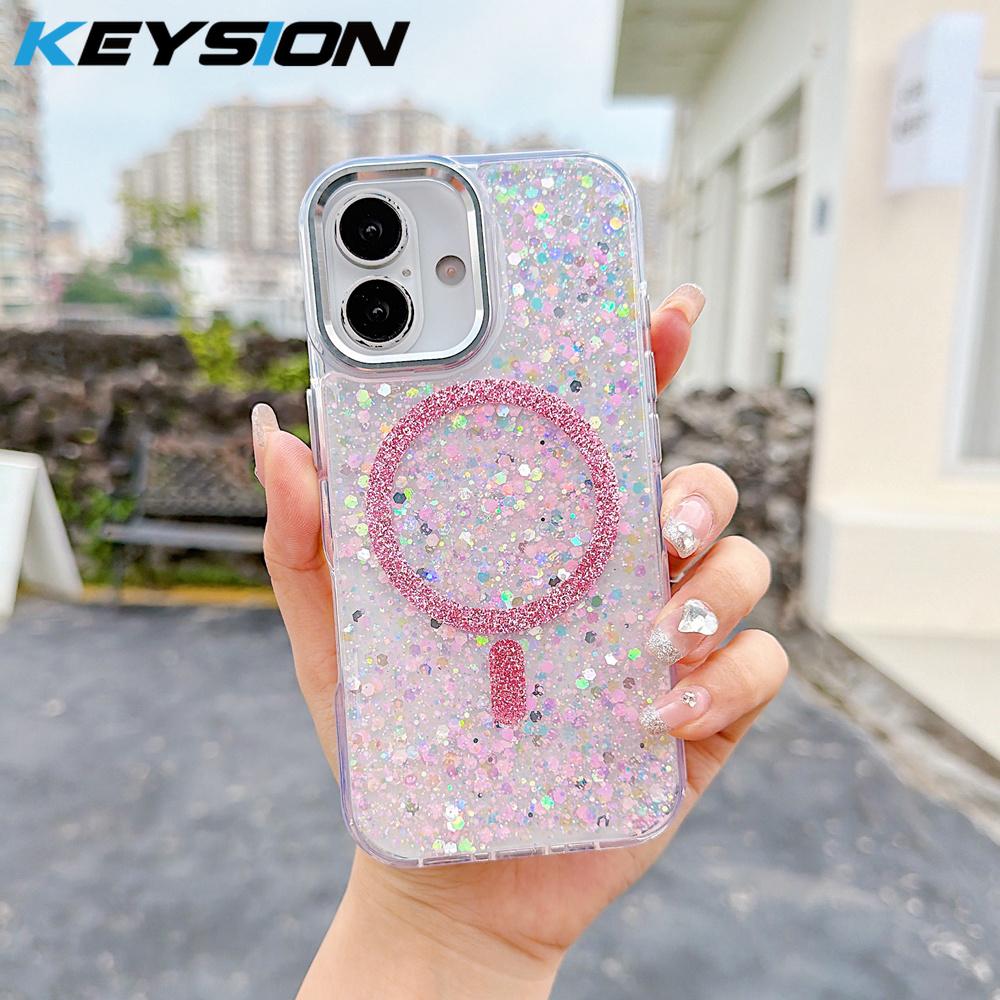 KEYSION Роскошный блестящий магнитный чехол для телефона MagSafe для iPhone 12 13 14 Pro Max 14 Plus Мягкий ТПУ+ПК Ударопрочная задняя крышка