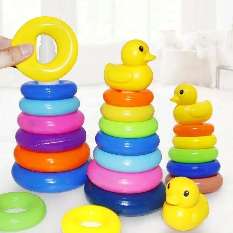 1PC Children's Puzzle Rainbow Tower Collar Little Yellow Duck Stacking Fun Baby Toy