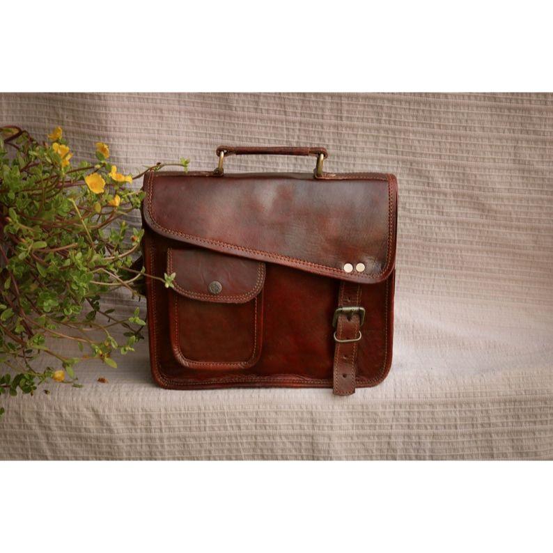 13" Leather Messenger Bag Laptop Case Office Briefcase Gift for Men Computer Distressed Shoulder Bag