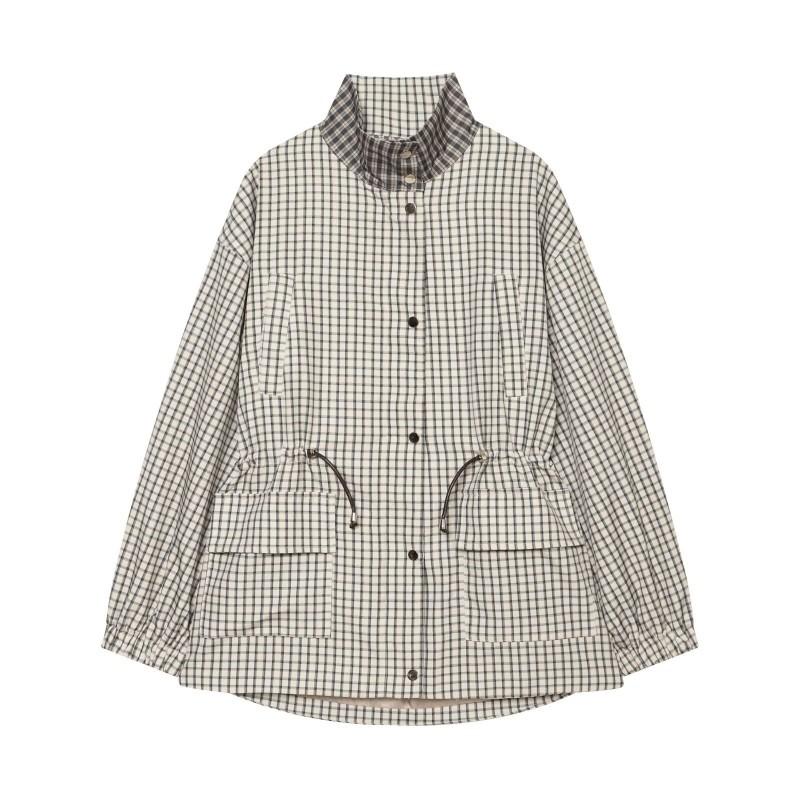 Womens Stylish Casual Stand Collar Plaid Jacket Loose Fit Long Sleeve Outerwear
