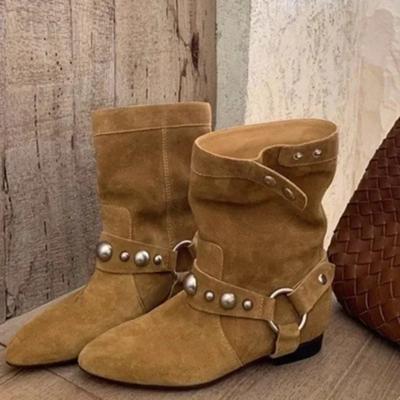 2024 Новые осенние женские замшевые ботильоны с заклепками на низком каблуке, вечерние туфли, женские джинсовые короткие ботинки, классика Zapatos