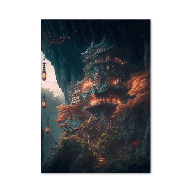 Ретро Фэнтези Япония Дом Деревенский Пейзаж Плакаты и принты Холст Картины Озеро Сакуры Настенное Искусство Для Гостиной Домашний Декор