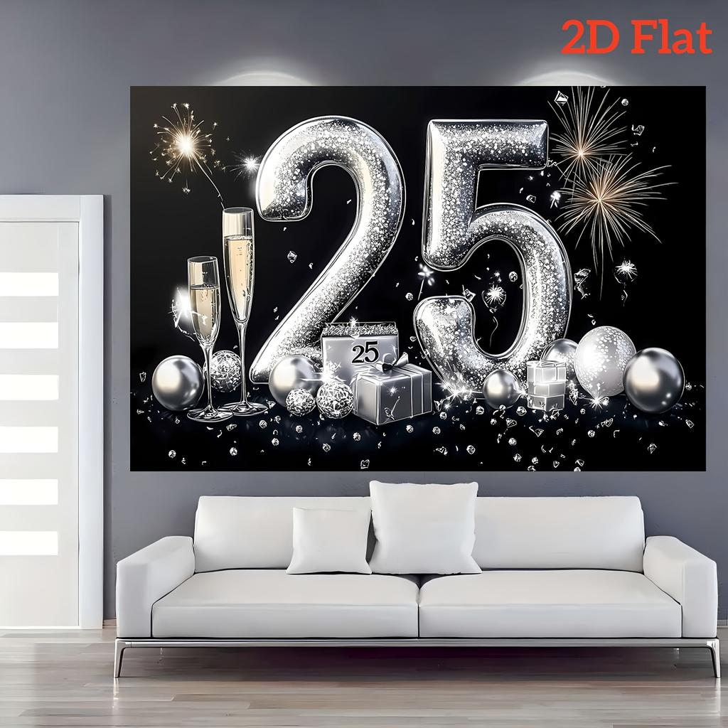 1 2D flat polyester 25th Anniversary party banner - shiny numbers party decorations