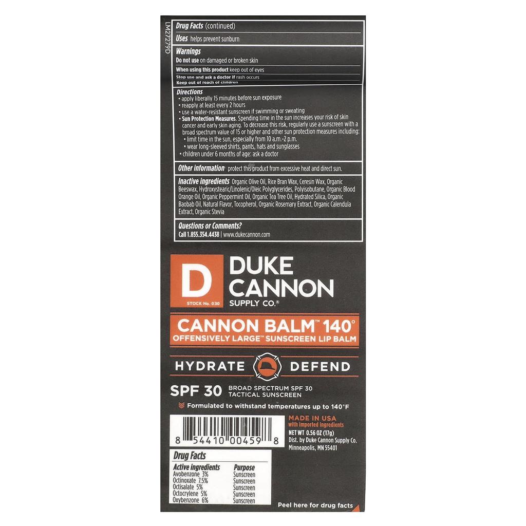 Duke Cannon Supply Co. Cannon Balm™ 140º, Offensically Large™ Sun Protection Lip Balm, SPF 30, 0.56 Oz (17 G)