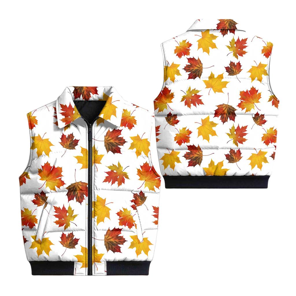 Men's Casual Loose Fit Padded Vest with Zip Front Lapel Collar and Side Pockets Leaf Print