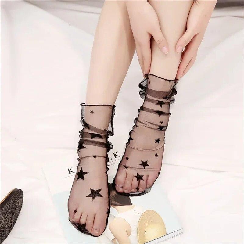 1pair Sexy Star Dot Lace Socks Women Transparent Mesh Ankle Socks Ladies Ultra-Thin Princess Tulle Socks Female Streetwear Socks