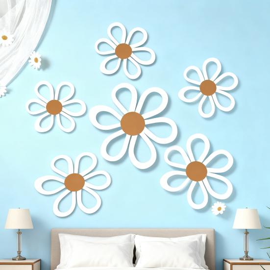 6Pcs/Set Bohemia Flower Wall Hanging Ornament Decoration Farmhouse Rustic Wooden Floral Wall Art Home Office Living Room Bedroom Wall Decoration
