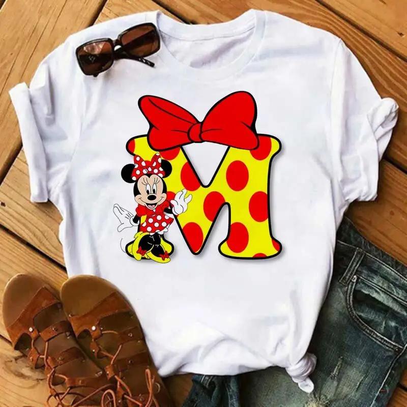 Kawaii Ladies Tees Disney Cartoon Mickey Mouse Letter Minnie T-shirt White Short-sleeved Women 90S Tops Summer Loose Blouse