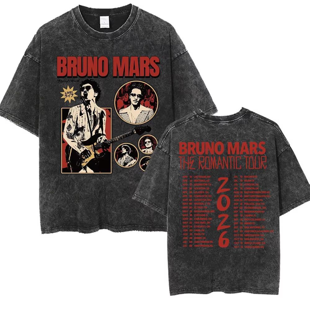 Bruno Mars The Romantic Tour 2026 Vintage Washed T Shirt Men Women Fashion Hip Hop Pop Music T-shirt Summer Casual Cotton Tshirt