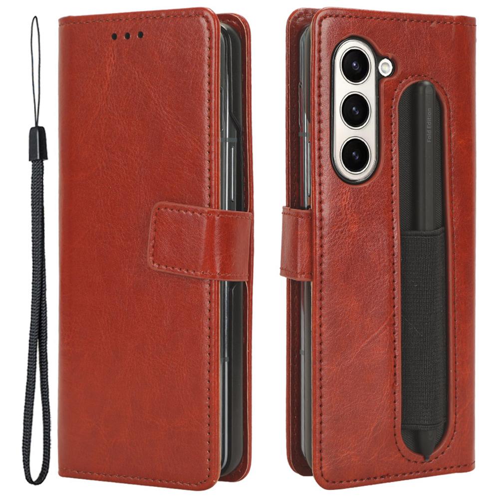 For Samsung Galaxy Z Fold6 5G Phone Case Pencil Slot Stand Leather Cover Crazy Horse Texture