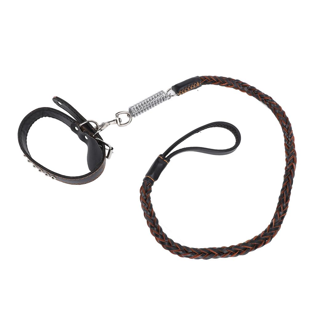 PU Leather Dog Collar Leash Set with Shock Absorbing Spring Braided Dog Training Leash for Medium
