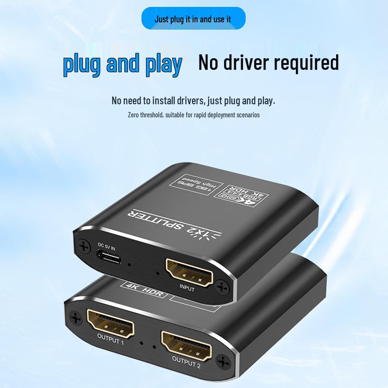 4K HDMI Splitter: Aluminum Alloy, 1 Input to 2 Outputs, Gold-Plated, Dual Display HDTV