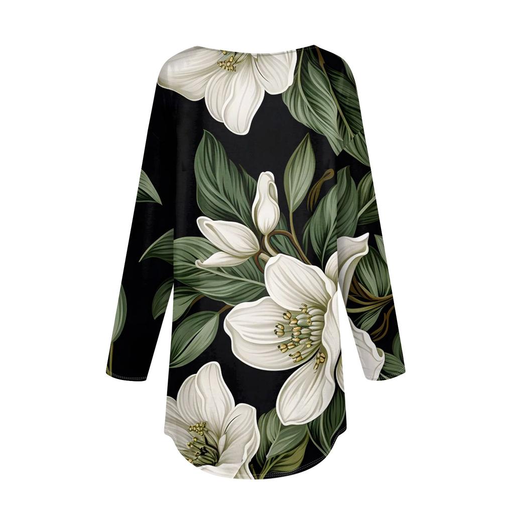 Женская свободная футболка с круглым вырезом и цветочным принтом, длинный рукав, топ, пуловер, длинный рукав