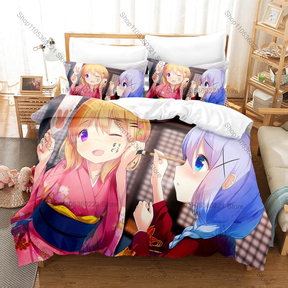 Is The Order A Rabbit Bedding Set Duvet Cover + 2 Pillowcases Cute Cafe Rabbit Girls Kawaii Slice of Life Anime Bedroom Decor