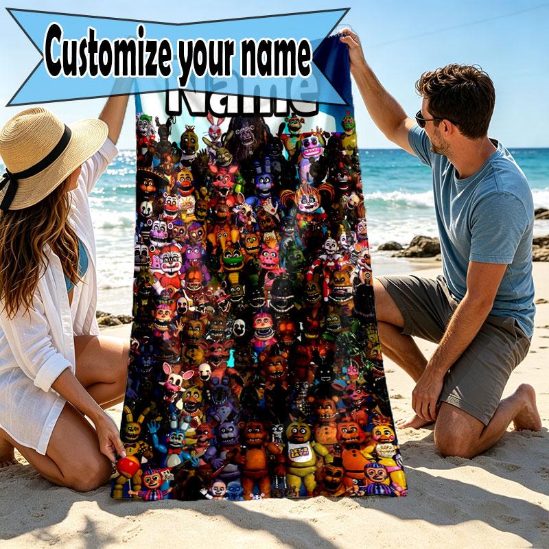 Custom Name Personalized Five Nights at Freddy's Print Beach Towel, for Trip Camping Beach Party Home Decor, Birthday Gift for Family & Friends