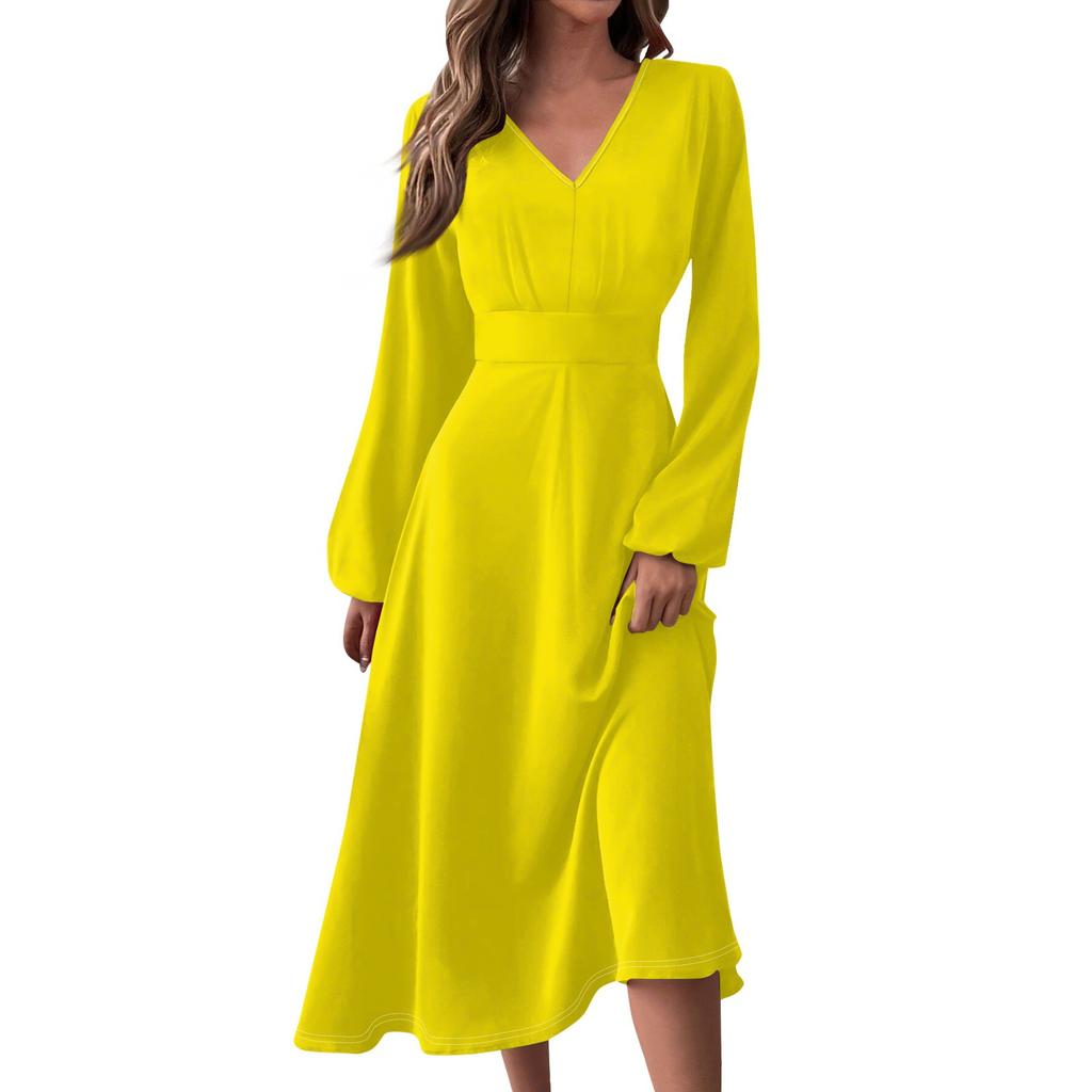 Women's Autumn And Winter Casual Fashion V-neck Long Sleeve Solid Color Long Dress
