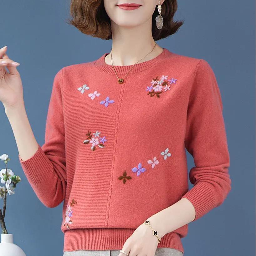 Женский свитер с круглым вырезом, вышитый, свободный пуловер, трикотаж, мягкий эластичный вязаный топ, весна-осень