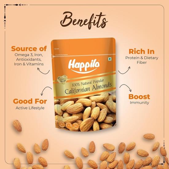 Happilo Natural Popular Californian Almonds 200g, Rich In Nutrients, Versatile Snack, High In Protein and Fiber